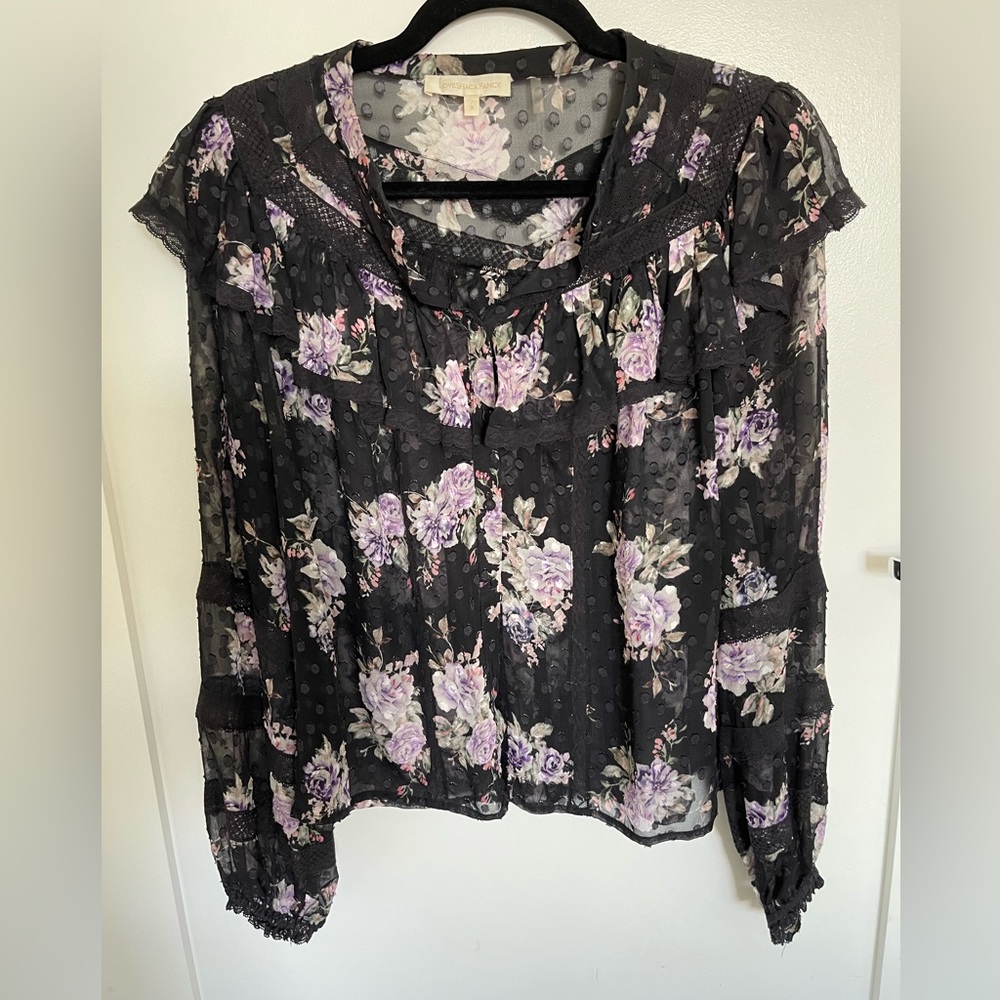 Love Shack Fancy Black Floral Erica Blouse Size Small